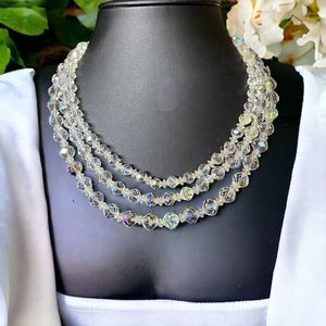 Vintage Triple Strand AB Crystal Beaded Necklace Stunning Art Deco Style Clasp
